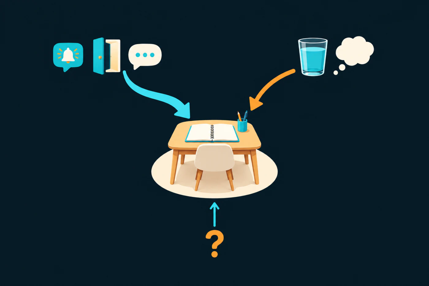 A desk with an open notebook and three arrows of interruption: from outside, from inside and from the task itself