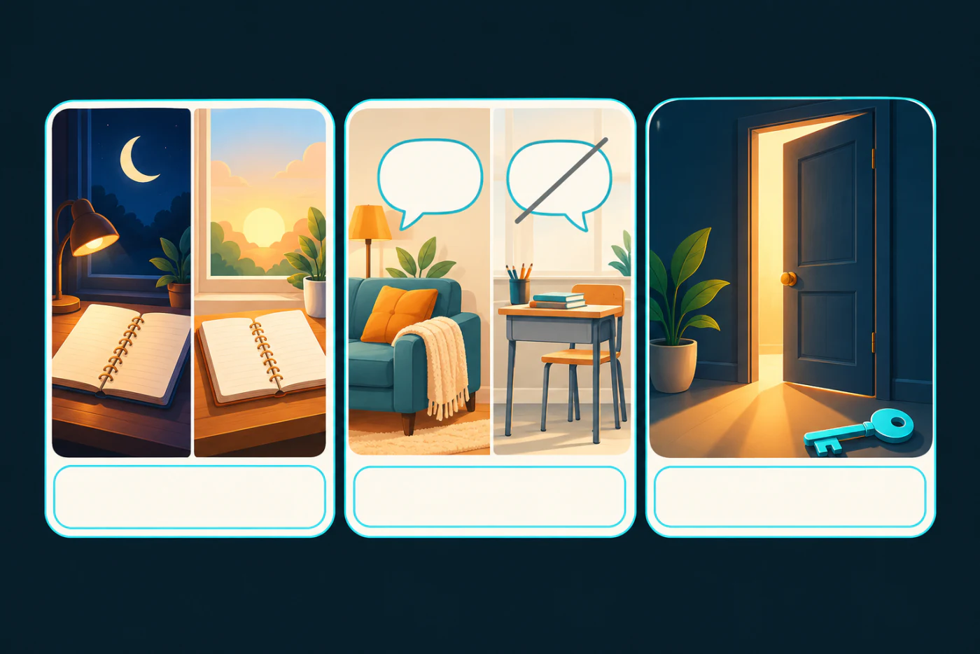Three situations: a notebook in the evening and at dawn, a sofa and a school desk, a door ajar with a key