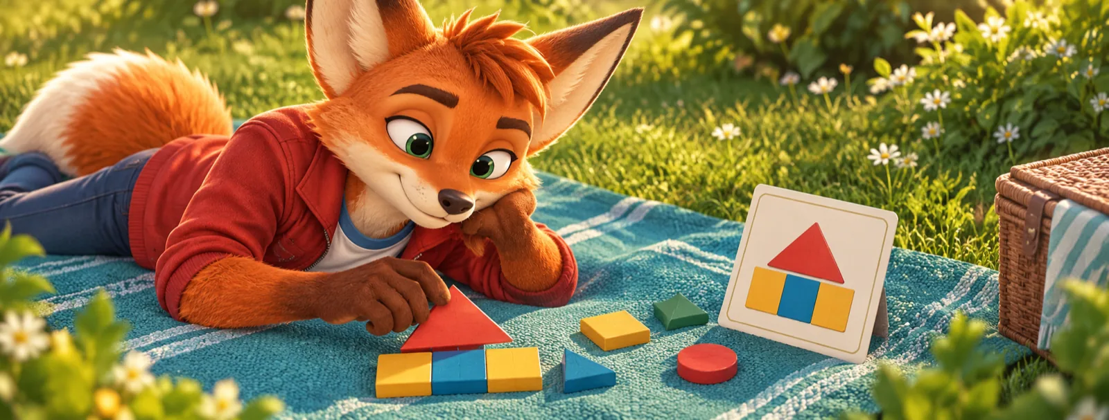 A fox cub on a picnic blanket copying a shape pattern from a card