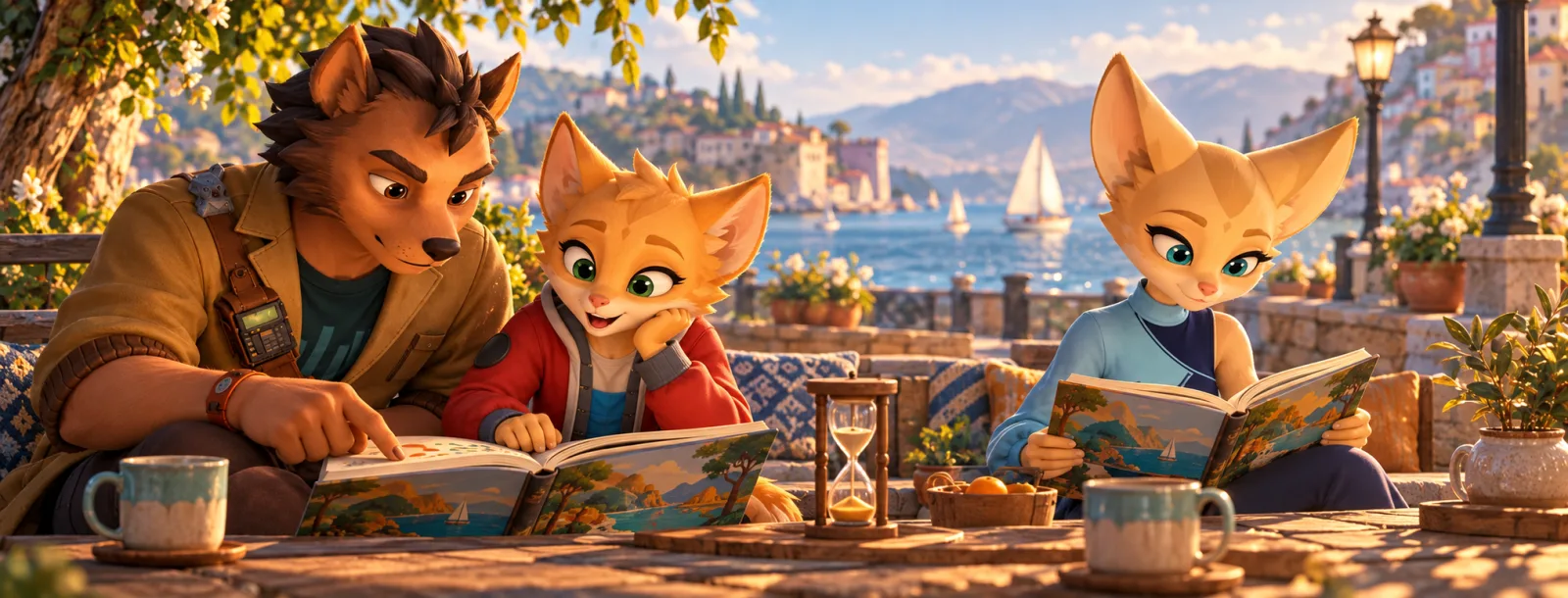 On the left the mentor runs a finger under the line of a picture book for the younger cub, on the right Spacy reads the same book with no finger, an hourglass between them