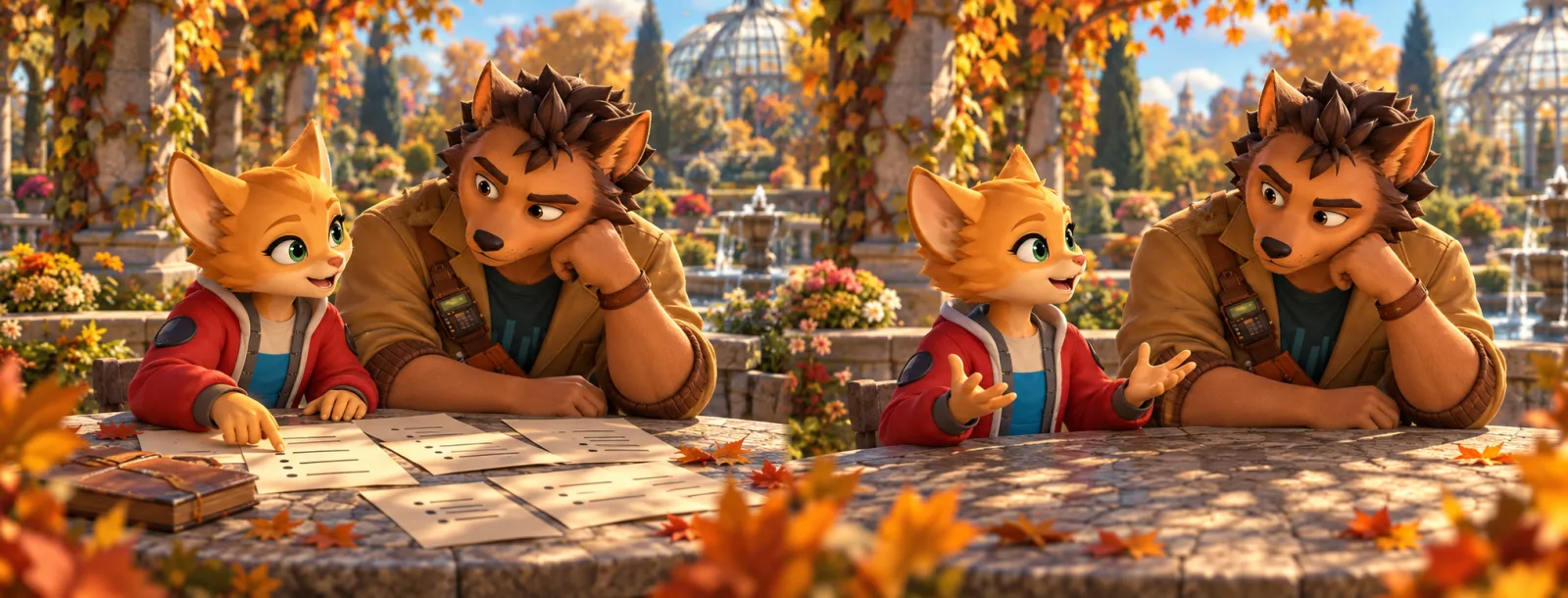 On the left the cub points out a sheet among several on the table, on the right the sheets are gone and he speaks with empty hands, the mentor watching both