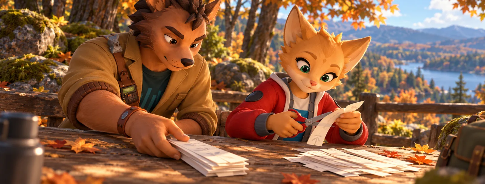 A teenage fox cutting a paper into strips with scissors, the cut strips spread on the table, the mentor sliding one pile toward him
