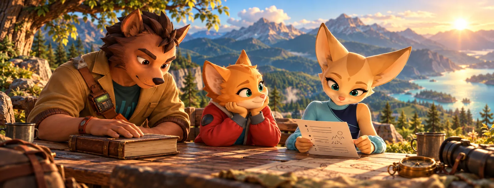 The mentor's hand lies flat on a thick closed book while Spacy holds a single sheet of notes and the cub looks on
