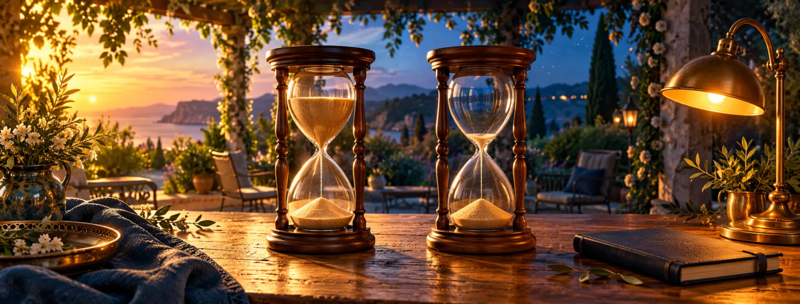 Two hourglasses on a table: the left one in sunset light and fuller, the right one under an evening lamp
