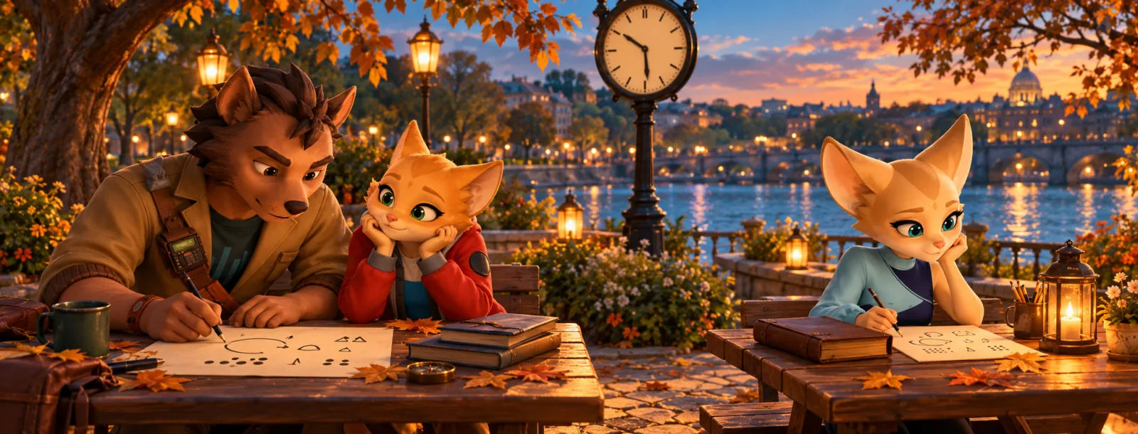 Two tables under one clock: at the first the mentor works a problem through with the cub, at the second Spacy works alone with the book shut and a sheet of her own