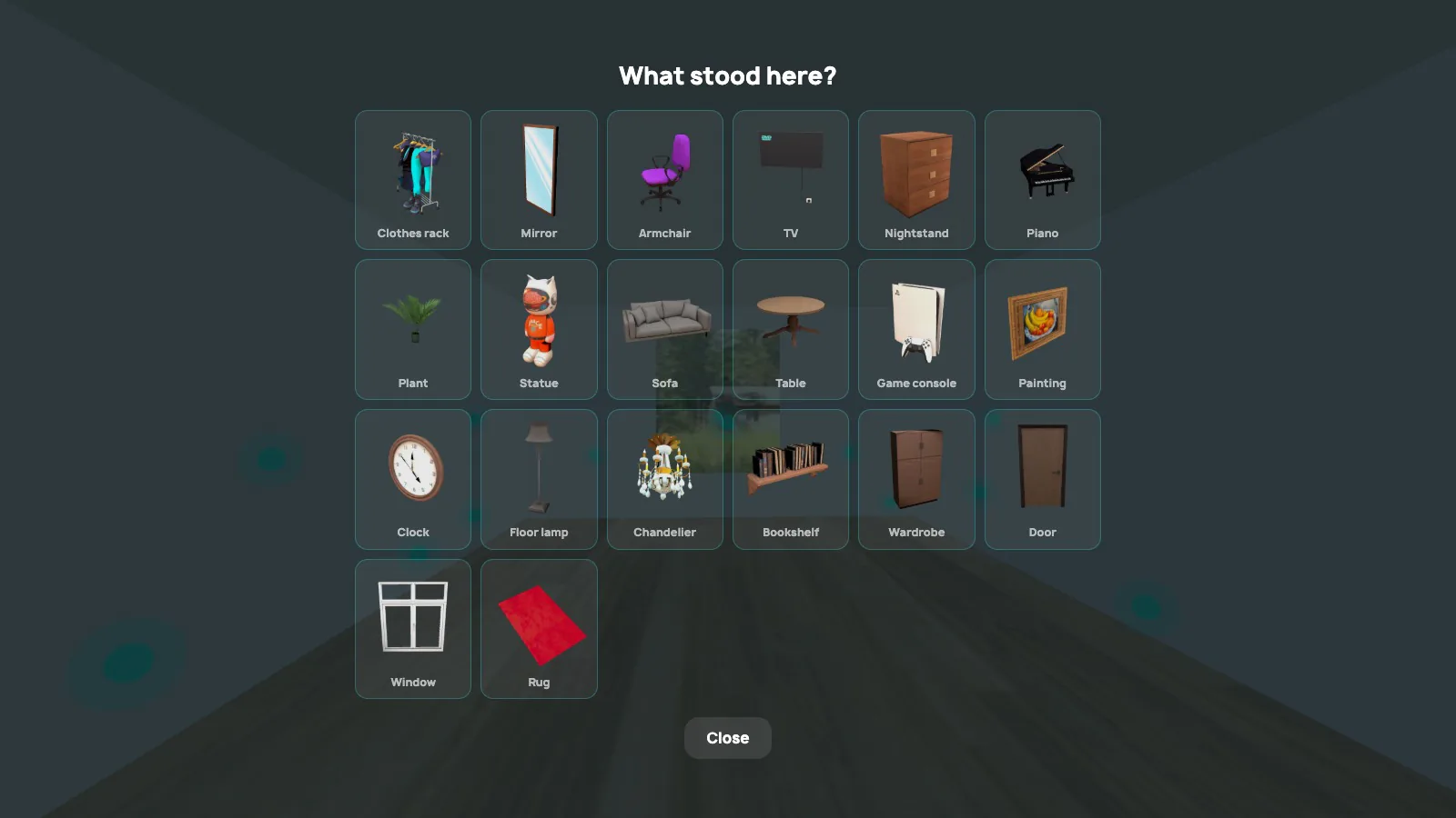 The "What stood here?" picker with the room's twenty objects: clothes rack, mirror, armchair, TV, piano and more