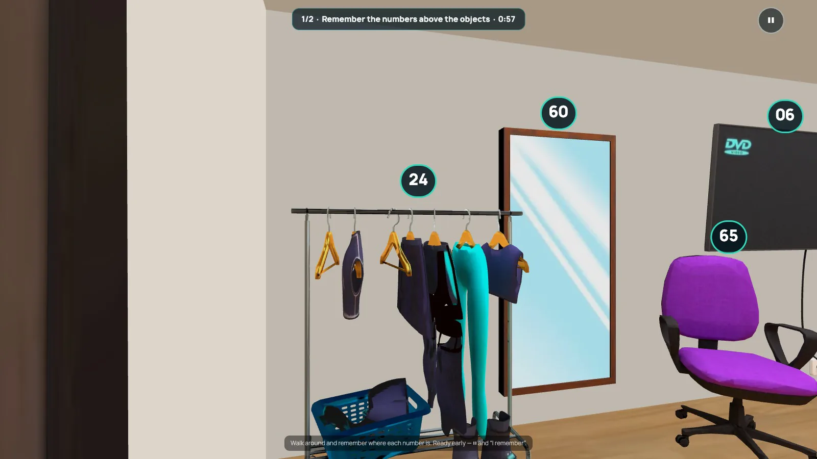Training in the 3D room: 24 above the clothes rack, 60 above the mirror, 65 above the armchair, 06 above the TV