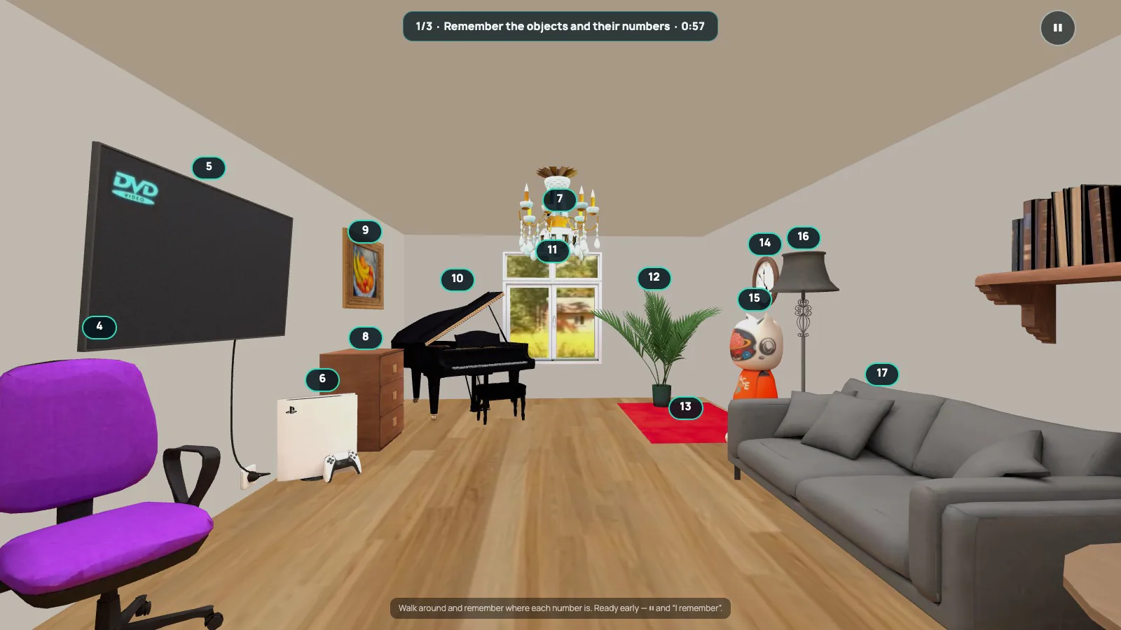 The 3D room: TV, painting, nightstand, piano, window, plant, clock and sofa, each object with its number on the route