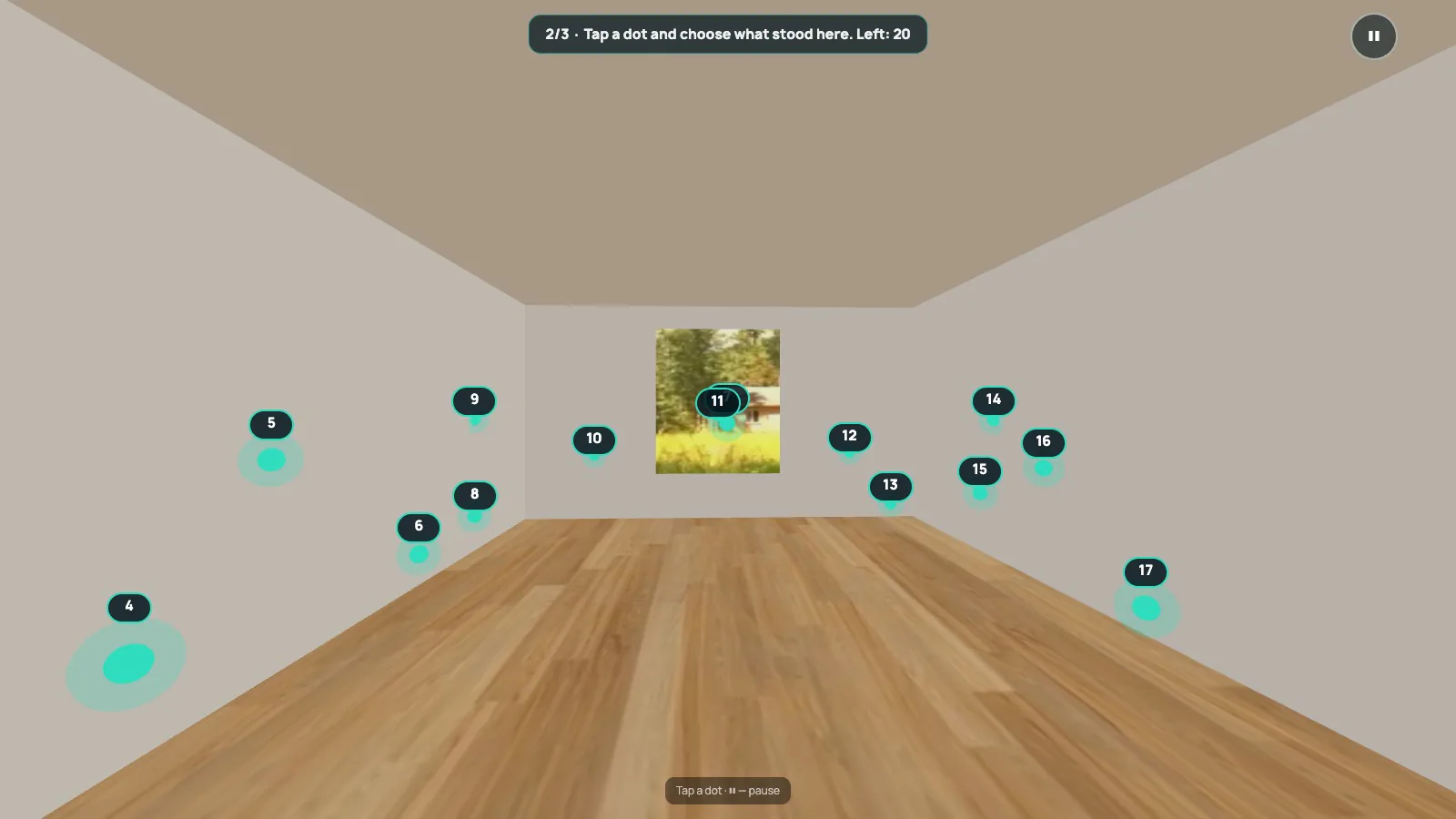 The same 3D room with the objects gone: only numbered dots remain where the furniture stood