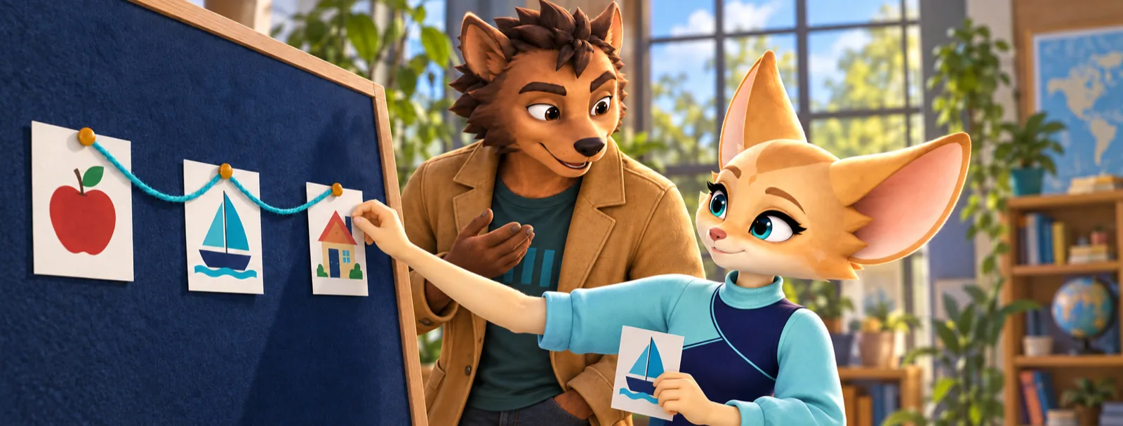 Spacy and her mentor pinning picture cards linked by a turquoise thread