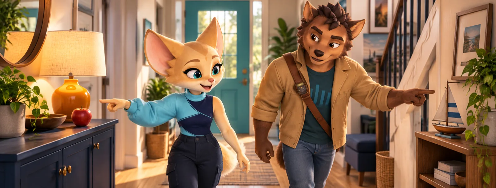 Spacy and her mentor pointing at objects in a hallway