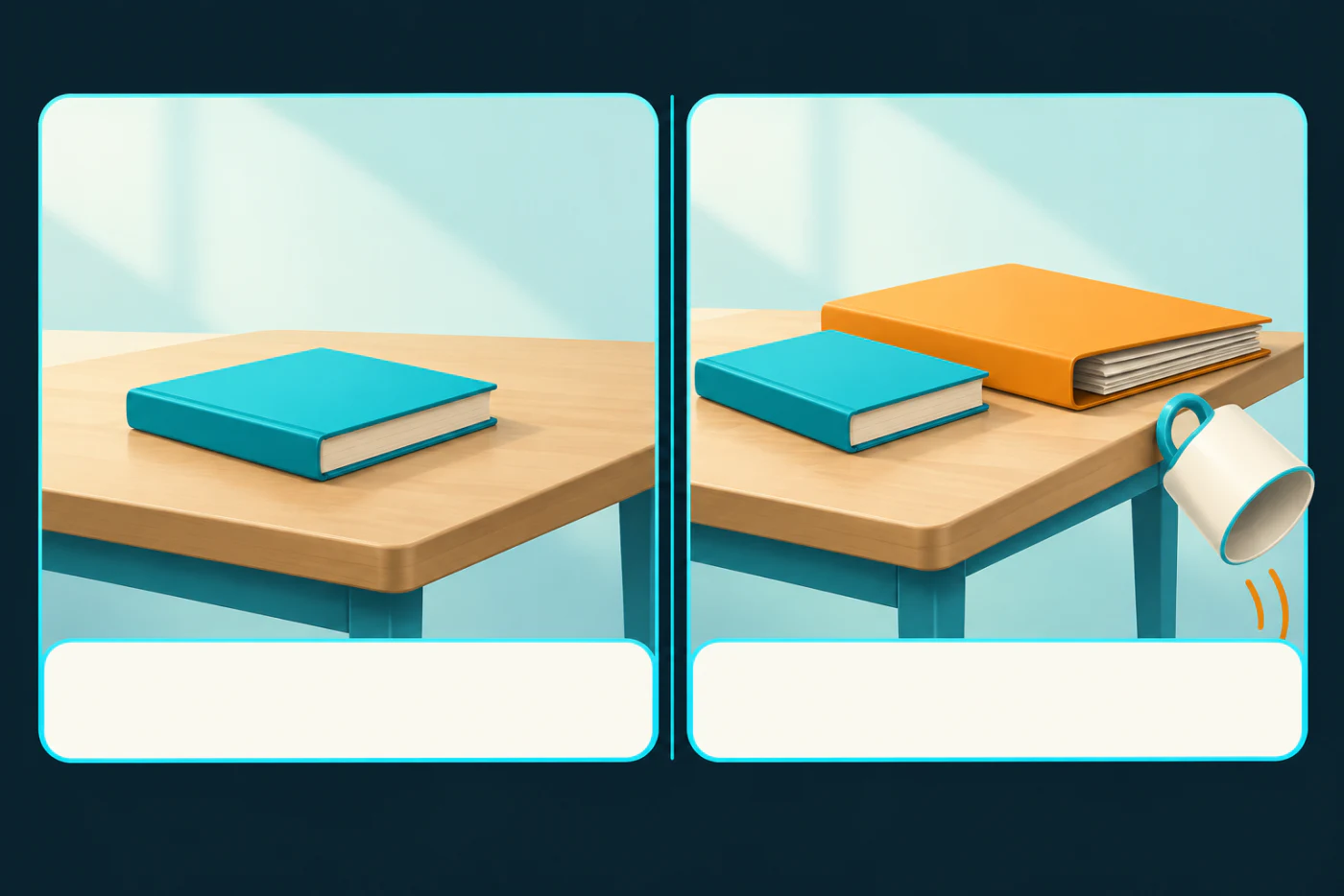The same bench with one object and with three, one of which is falling off the edge