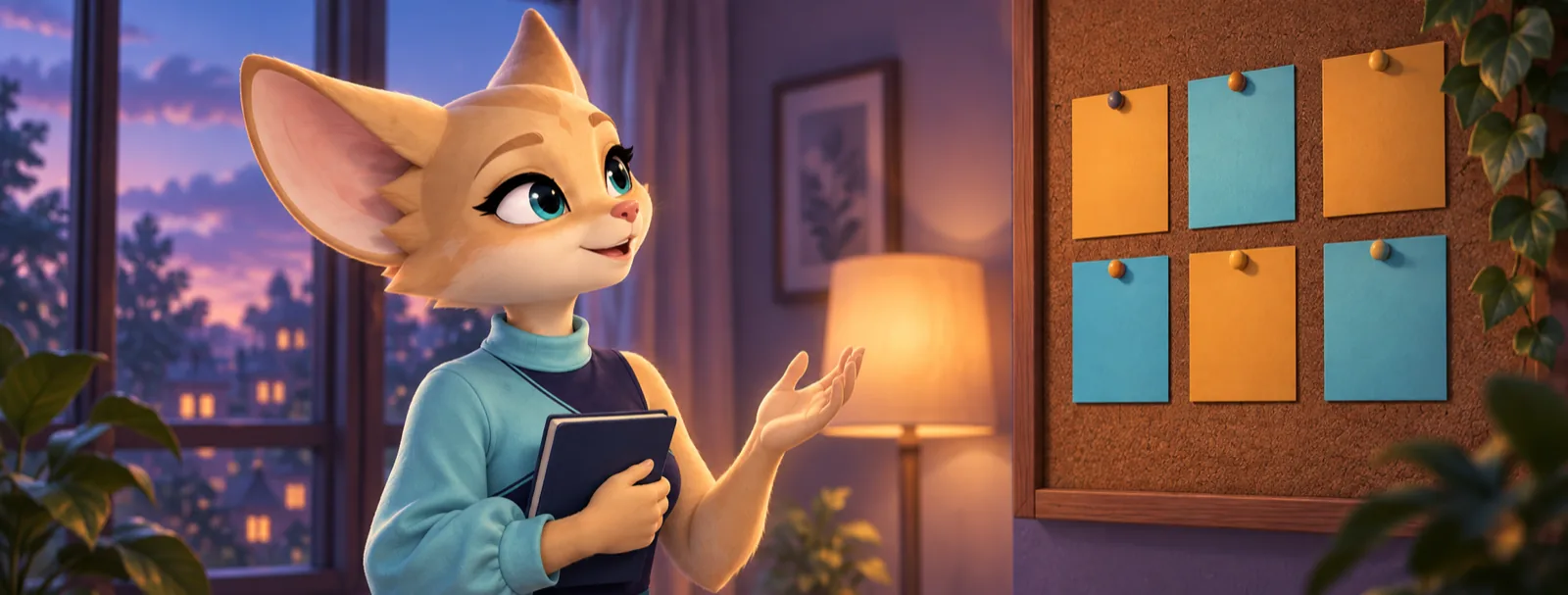 Spacy with a book beside a board holding six cards