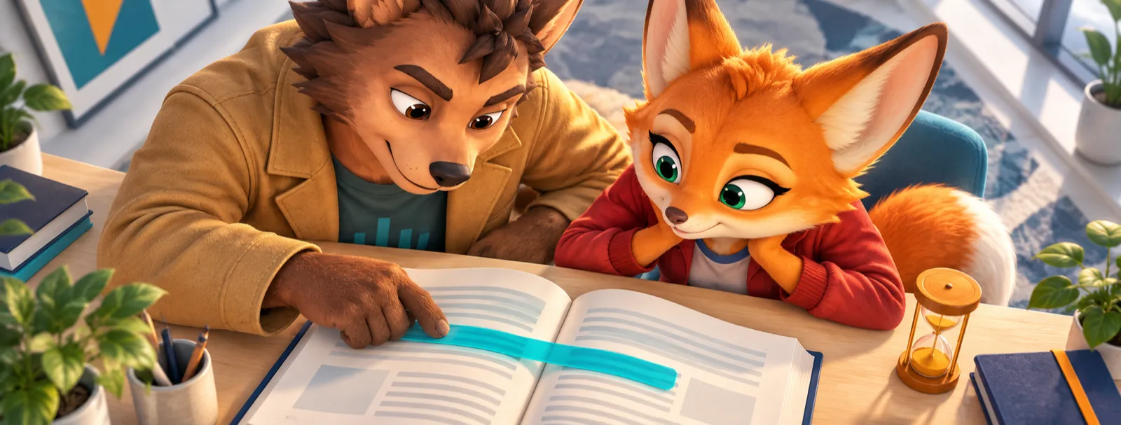 A mentor and a fox cub over a book with a turquoise ruler and an hourglass