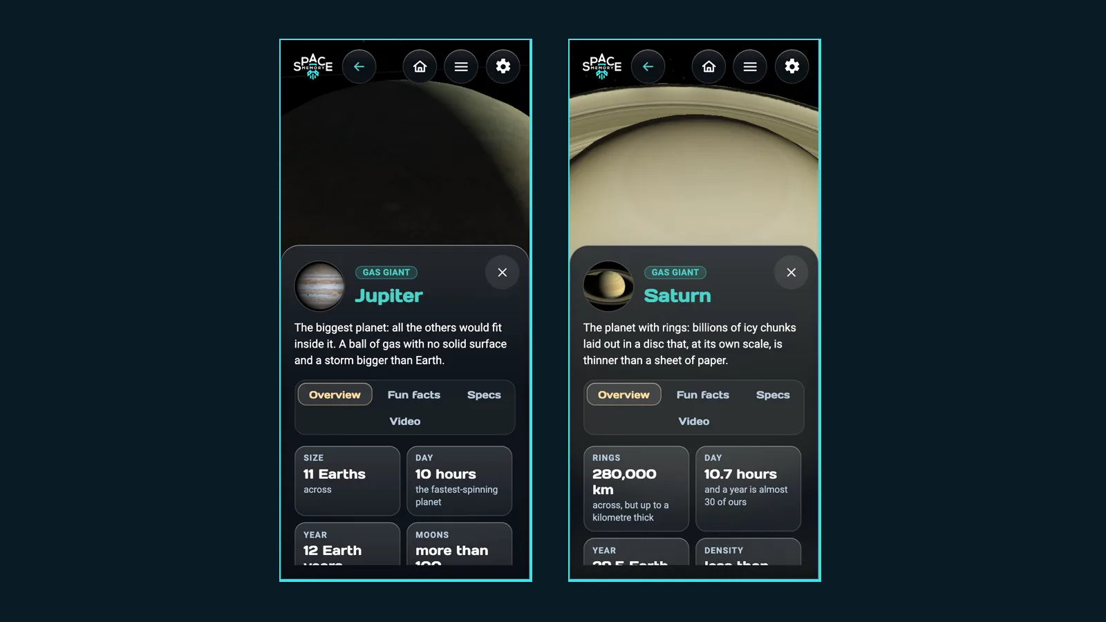 The Jupiter and Saturn cards on a phone with size, day, year and moons tiles