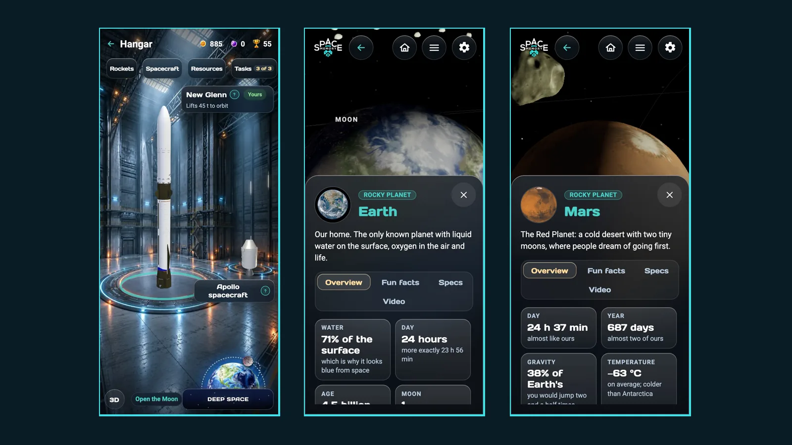 Three phone screens: the hangar with the Deep Space button, the Earth card and the Mars card