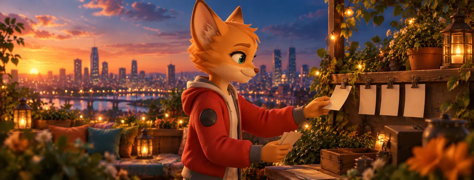 A teenage fox pinning a row of slips along a rail, four blank ones waiting beside, an evening city behind
