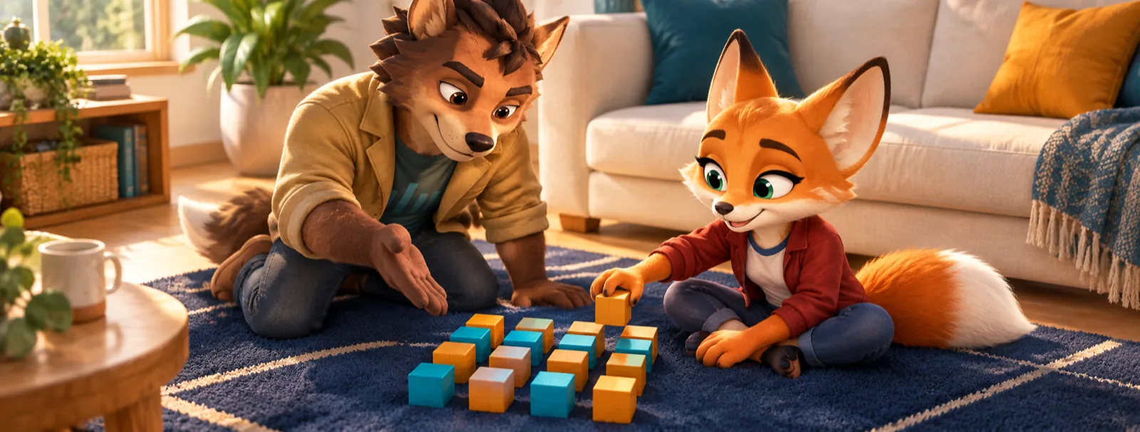 A mentor and a fox cub building a pyramid of blocks on the rug