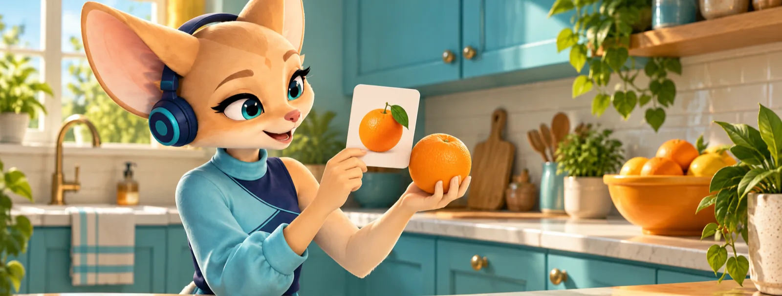 Spacy in headphones holding an orange next to a card with an orange