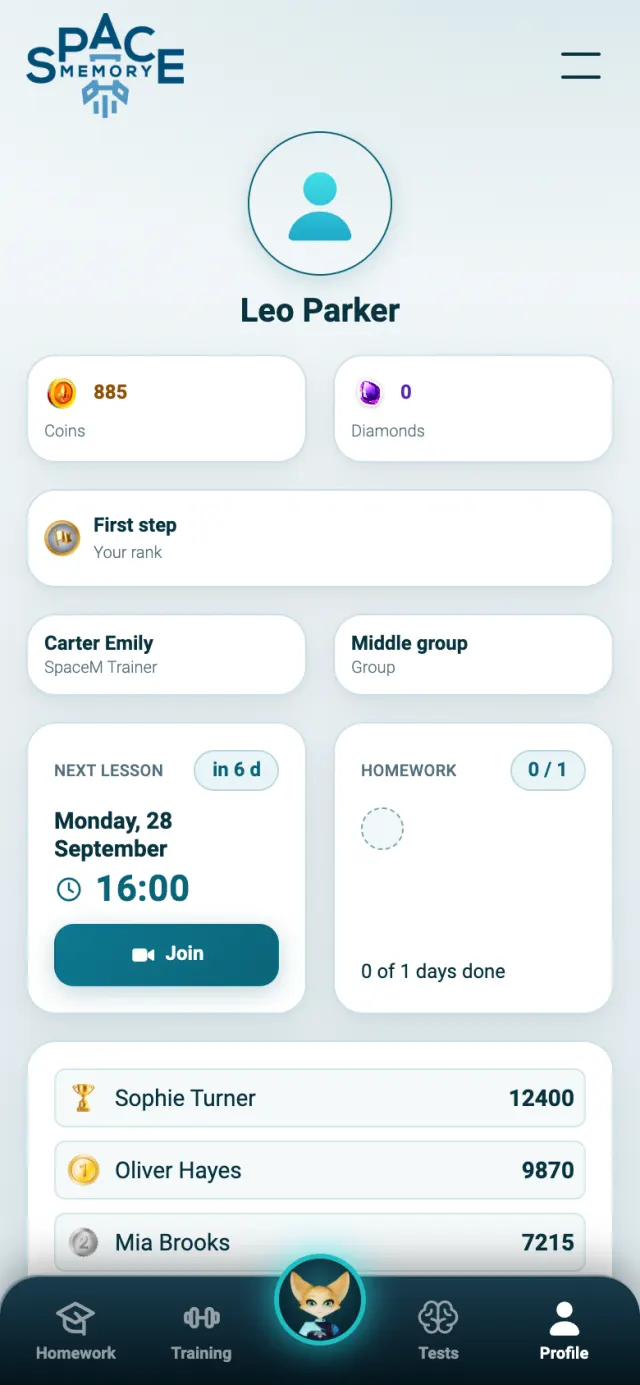 Student account: next lesson and tasks