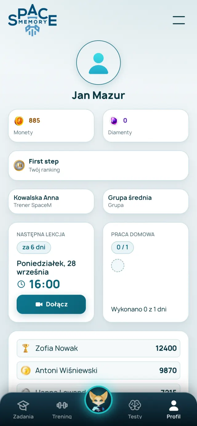 Konto ucznia: najbliższa lekcja i zadania