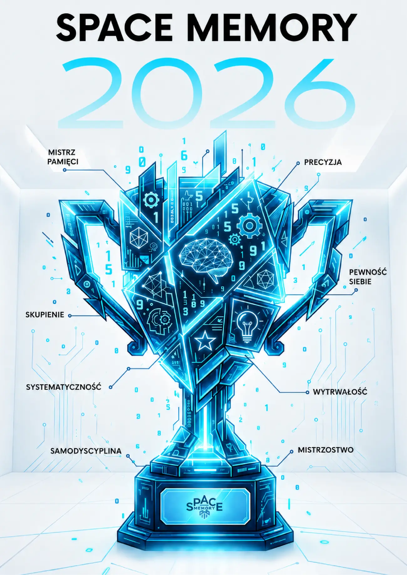 Okładka magazynu: napis „Space Memory 2026” i świecący puchar z hasłami: mistrz pamięci, precyzja, pewność siebie, skupienie, systematyczność, wytrwałość, samodyscyplina, mistrzostwo
