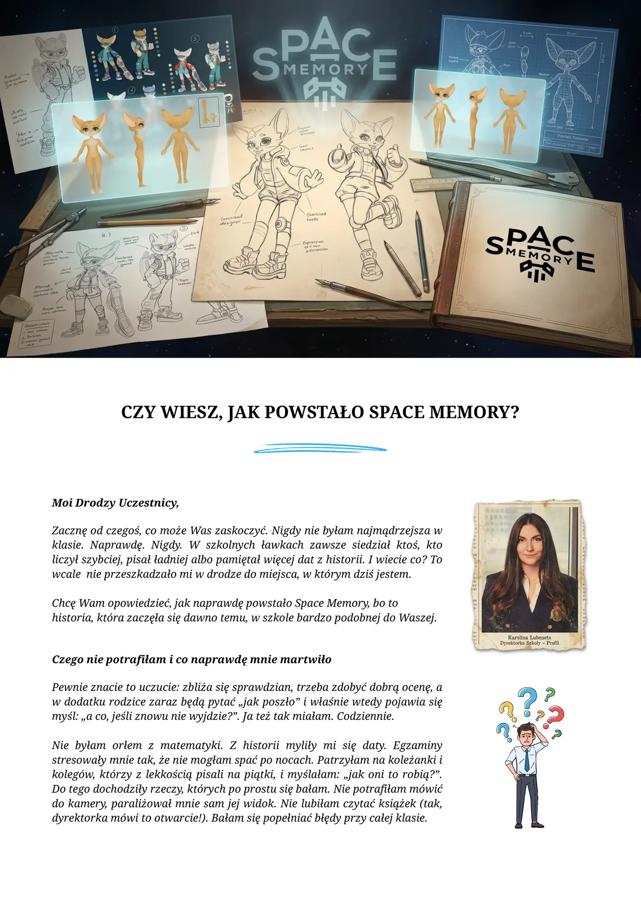 Strona 3: „Czy wiesz, jak powstało Space Memory?” — początek listu dyrektorki Karoliny Lubenets do uczestników