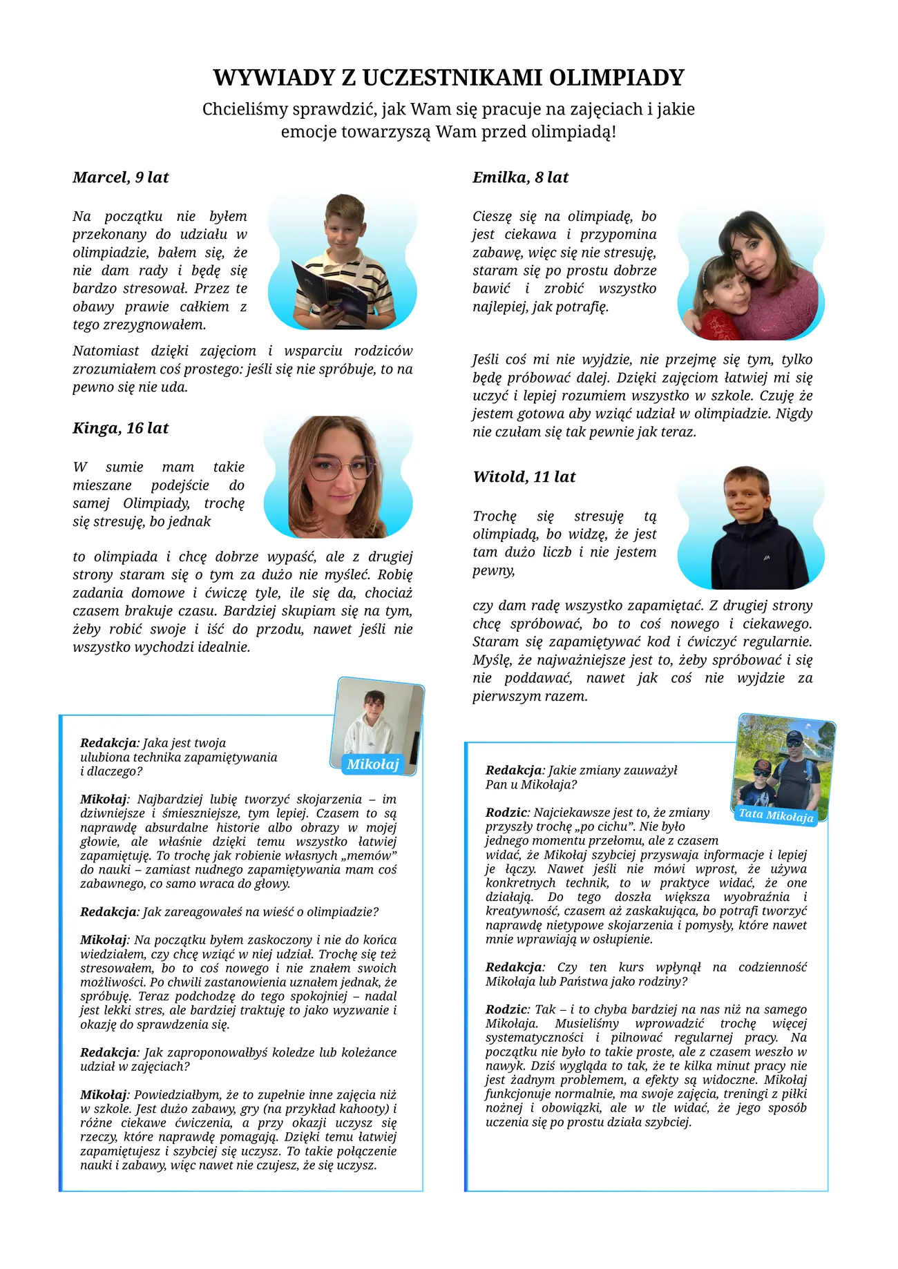 Strona 14: „Wywiady z uczestnikami Olimpiady” — Marcel, Emilka, Kinga, Witold oraz Mikołaj i jego tata